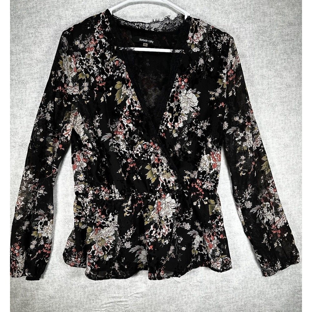 Sugar Lips Women's Wrap Blouse Peplum Black Floral Deep V Neck Sz Small